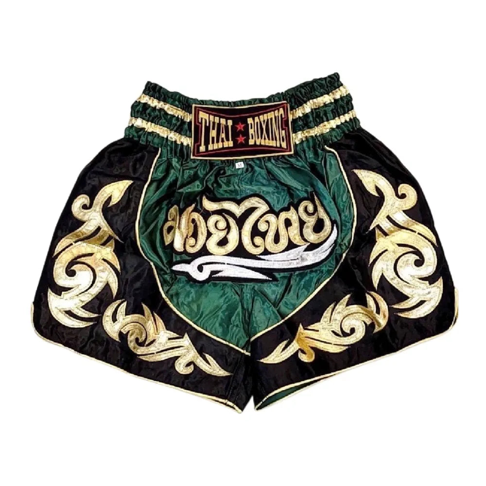 🥊The Warrior’s Glory: Authentic Premium Thai Pattern Muay Thai Shorts – Double-Layered Professional Satin Boxing Trunks, Handcrafted Factory-Direct Export Grade for Adults and Kids (Green and black Muay Thai shorts)