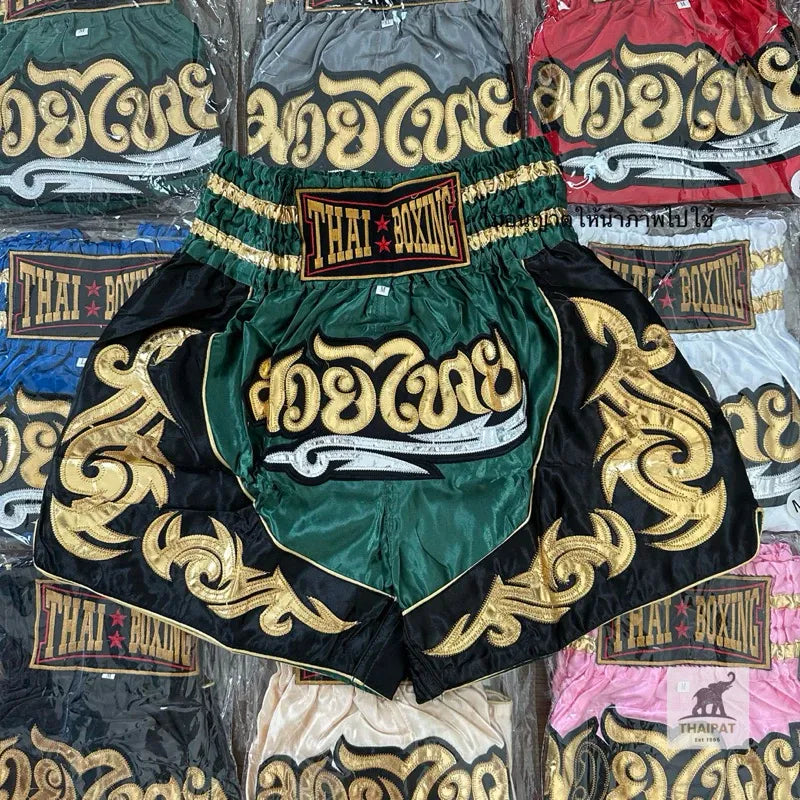 🥊The Warrior’s Glory: Authentic Premium Thai Pattern Muay Thai Shorts – Double-Layered Professional Satin Boxing Trunks, Handcrafted Factory-Direct Export Grade for Adults and Kids (Green and black Muay Thai shorts)