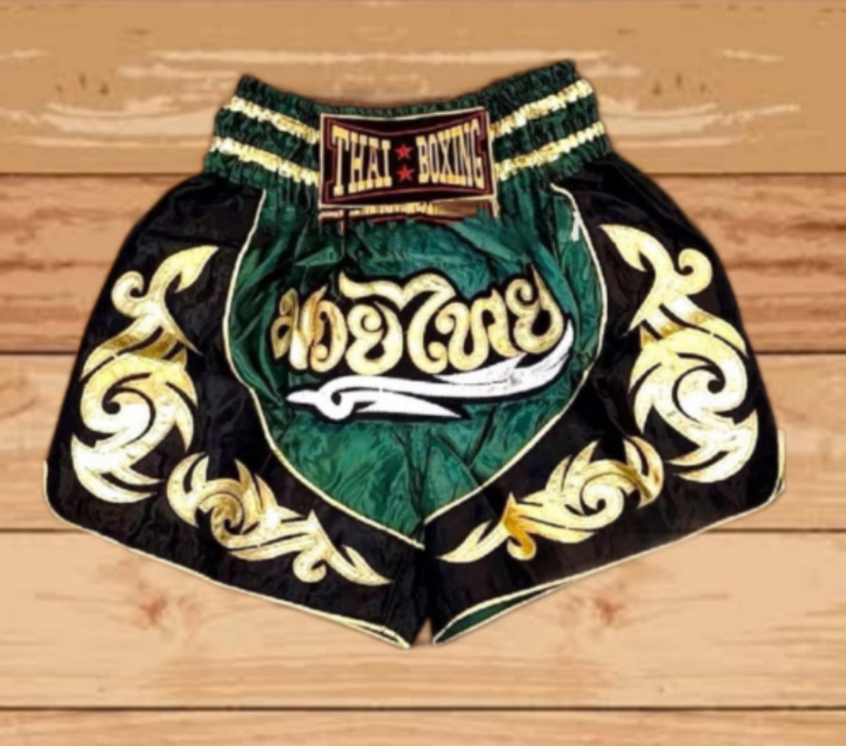 🥊The Warrior’s Glory: Authentic Premium Thai Pattern Muay Thai Shorts – Double-Layered Professional Satin Boxing Trunks, Handcrafted Factory-Direct Export Grade for Adults and Kids (Green and black Muay Thai shorts)