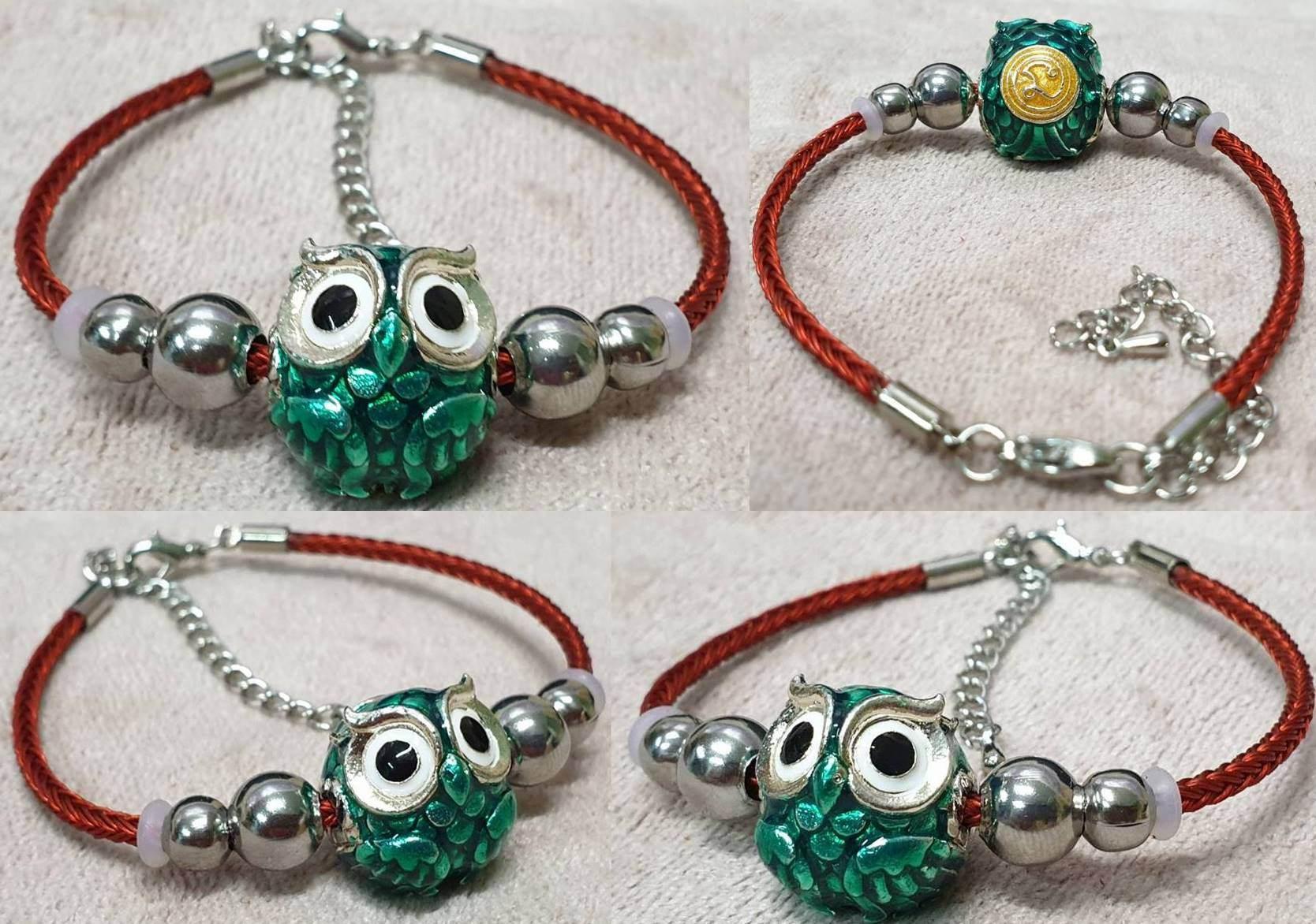 Phaya Thued Thue Bracelet - Ultra Lucky Fortune Owl by Kruba Tao from Wat Ban Lao, Chiang Mai Silver plated bronze with green enamel