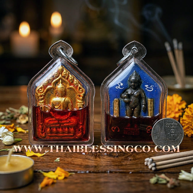 ✨ Phra Khunphaen Prai Kuman "The Hypnotic Commander" Edition: Wild Golden Flower Herb Essence Immersed in Red Rooster Oil with Twin Wealth T