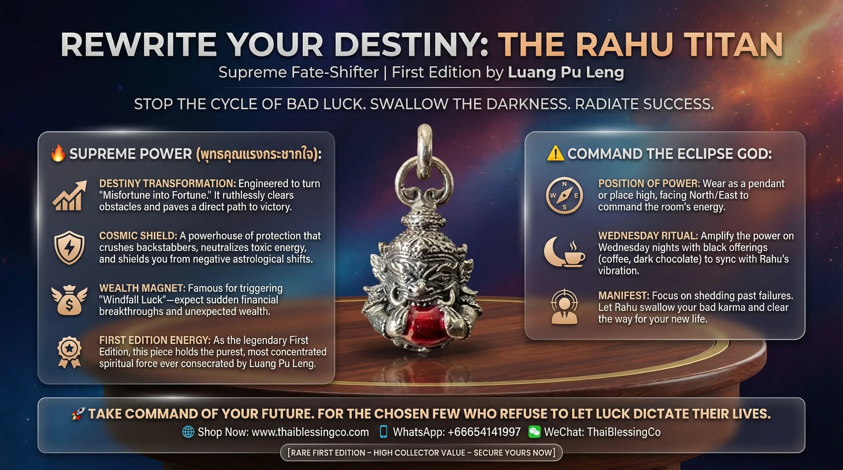 🌑 Celestial Titan: The Rahu Fate-Shifter – Supreme Karma & Protection Talisman (Luang Pu Leng First Edition)