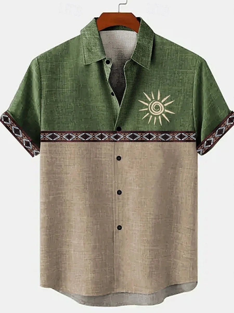 🌍 The Ethno-Vintage Heritage Shirt: Premium Men’s Organic Linen Hawaiian Top – High-Definition Tribal Artistic Print, Breathable Short-Sleeve Casual Button-Down, and Sophisticated Street-Style Silhouette ZT256