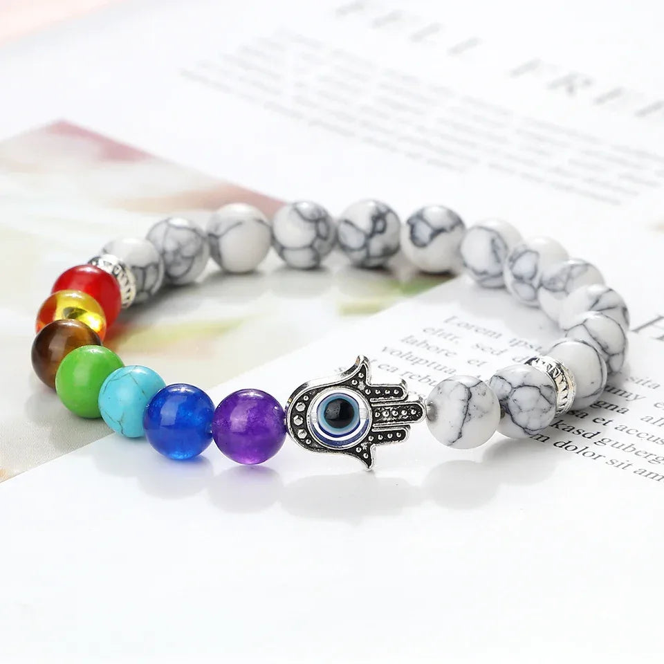 🧿 7 Chakra Protection Bracelet for Men: Natural Tiger Eye & Lava Stone with Evil Eye & Hamsa Hand – Anxiety Relief, Luck & Energy Healing Bangle