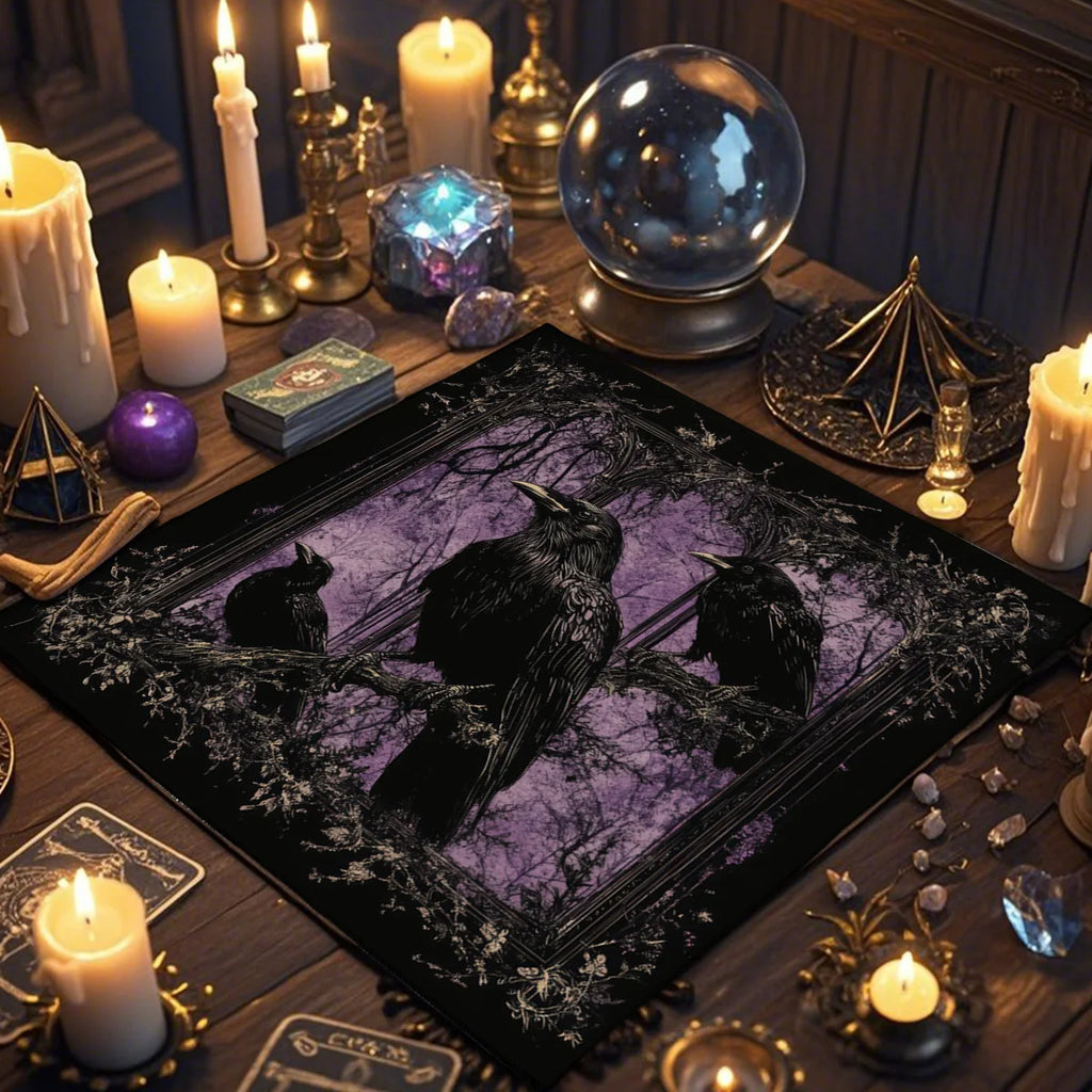 🃏Crow & Moon Phase Tarot Tablecloth – Star Divination Altar Cloth for Runes, Witchcraft Rituals & Mystical Party Game Decor