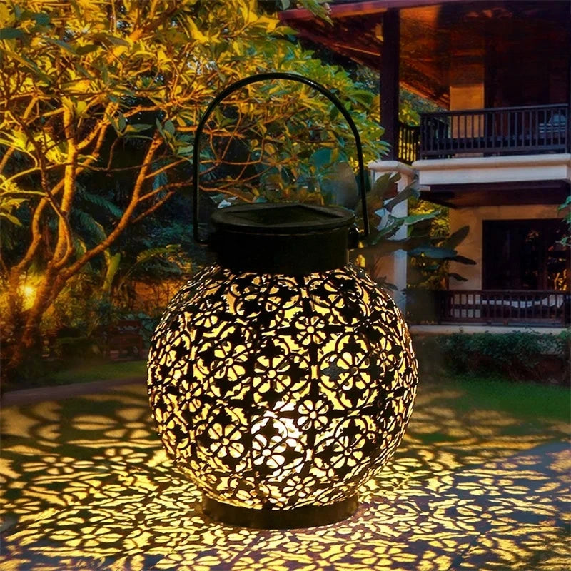 Solar LED Lantern with Hollow Wrought Iron Design – Waterproof Outdoor Hanging Projection Lamp for Garden and Yard Decor