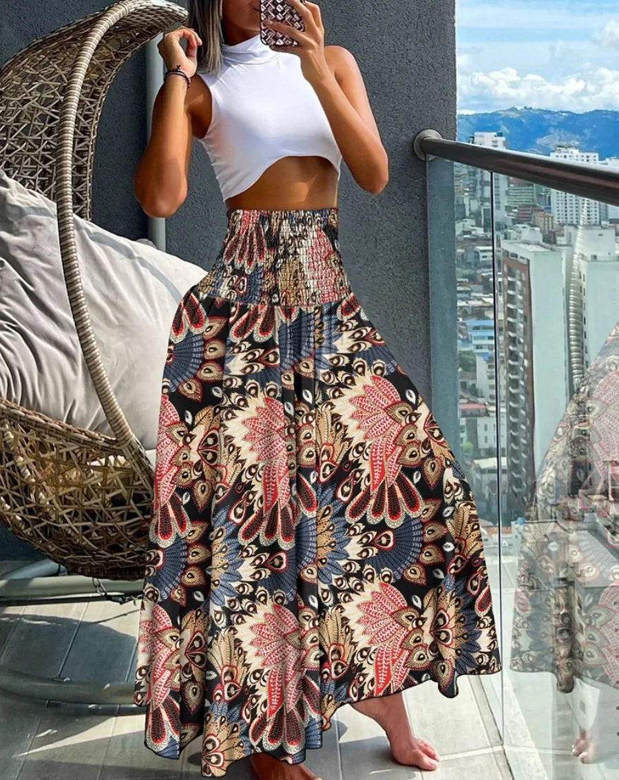 🛍️ Boho Beach Skirt – Vintage Printed Long A-Line Skirt with Elastic High Waist, Big Hem for Women’s Vacation and Spring-Summer Fashion