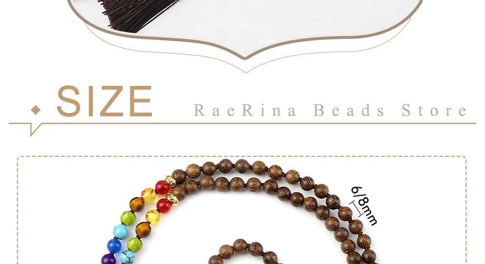 🌳 7 Chakra Wooden Japamala Necklace: Vintage Tree of Life 108 Bead Mala – Meditation, Yoga & Prayer Rosary with Healing Tassel