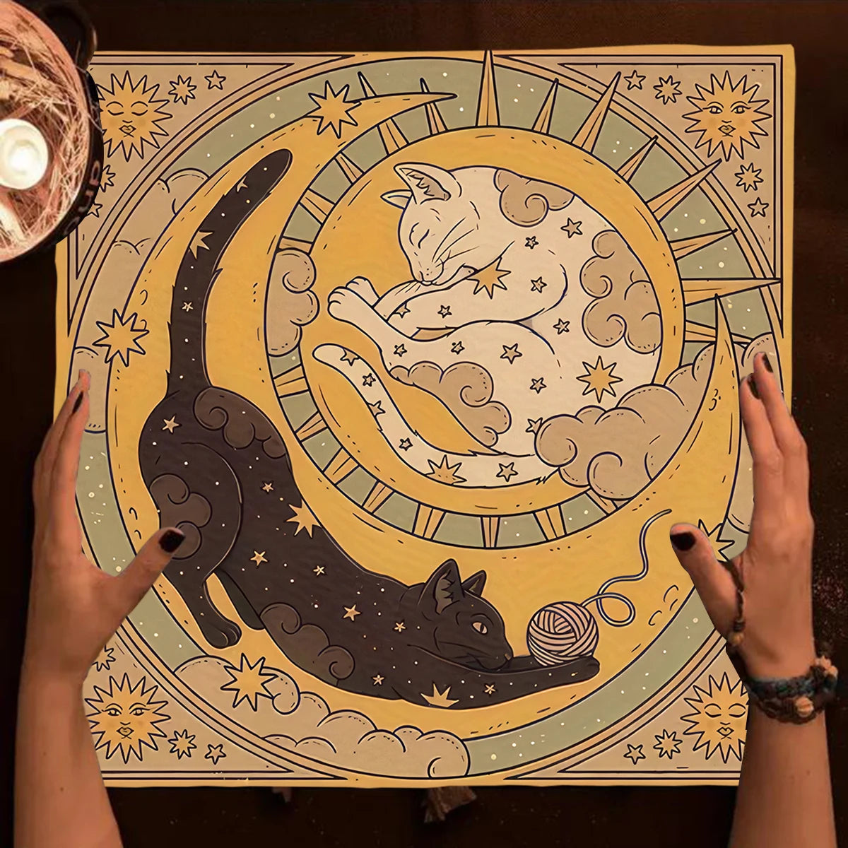 🔮Colorful Mandala Black Cat Altar Cloth – Tarot Tablecloth with Moon & Starry Sky for Witchcraft, Divination & Mystical Home Decor TLB (702)