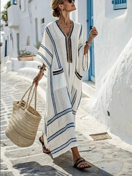👗 Casual Retro Striped Print Holiday Dress – Boho Beach Style Long Dress with Flare Sleeves and V-Neck Button Design for Women Turquoise