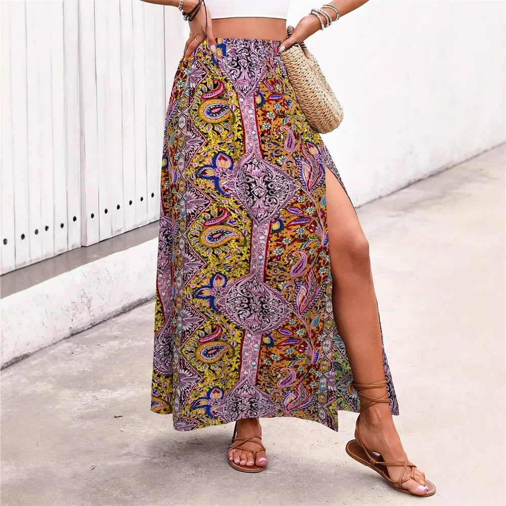 👗&nbsp;Bohemian Boho Retro Floral Print Skirts – Women’s Indie Folk Summer High Waist A-Line Pleated Long Skirts