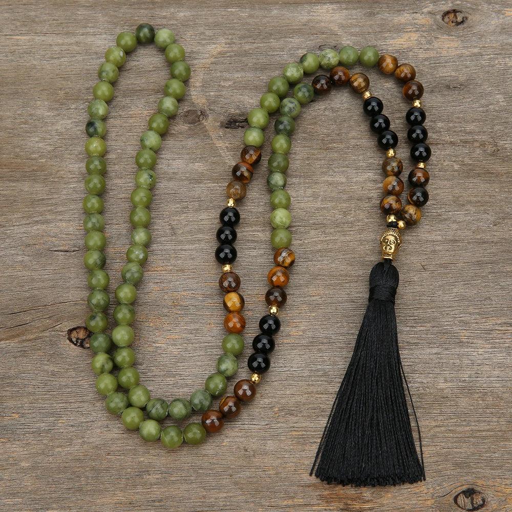 🔴 Southern Red Agate, Tiger Eye & Black Onyx 108 Mala Beads (8mm): The Triad of Vitality, Wealth & Protection – Root Chakra Healing Meditation Necklace