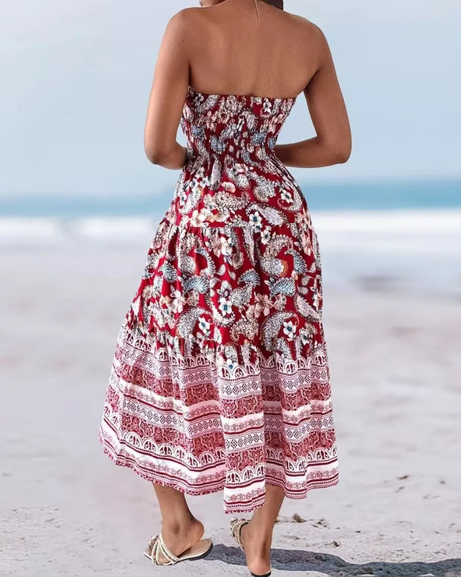 👗 Fashion Boho Printed Long Skirt – Casual Retro Vacation Style with Elastic Waist and A-line Big Hem for Women, Spring Summer New