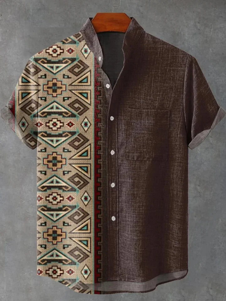 🌿 The Ethno-Luxe Heritage Linen Shirt: Premium Men's Casual Short-Sleeve Top – High-Definition Ethnic Artistic Print, Breathable Organic Cotton-Linen Fabric, and Sophisticated Button-Down Tailoring