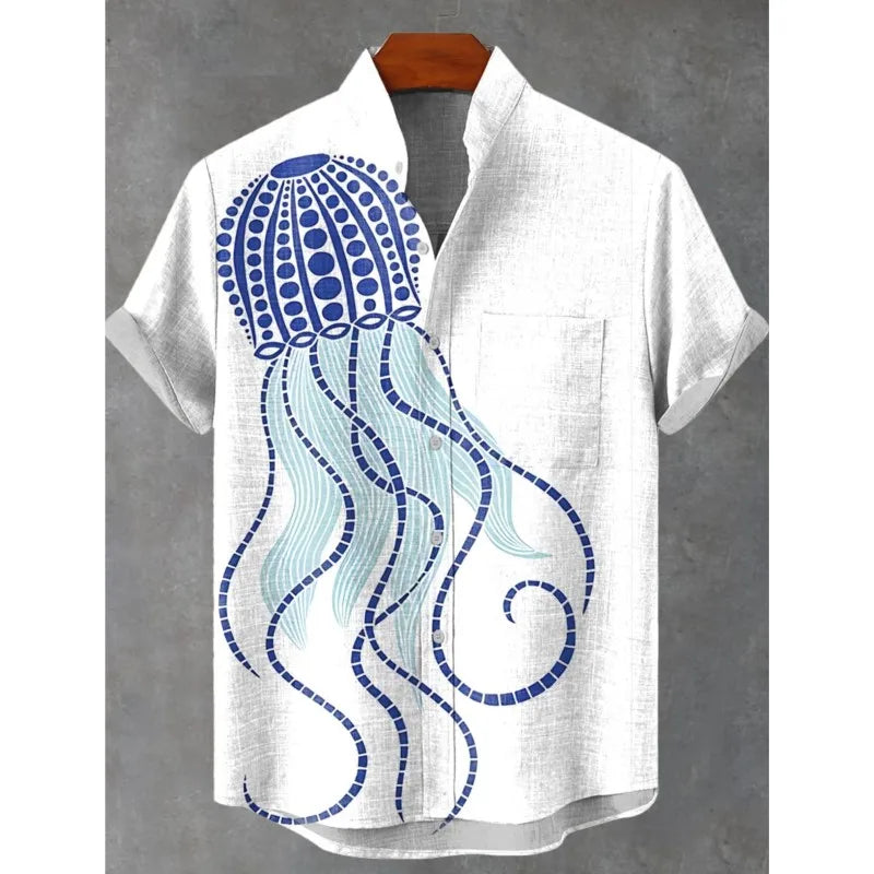 🐙 The Abyssal Kraken Art Edition: Premium Men’s Organic Linen Shirt – High-Definition Deep Sea Giant Octopus Print, Breathable Short-Sleeve Casual Button-Down, and Sophisticated Nautical Graphic Top