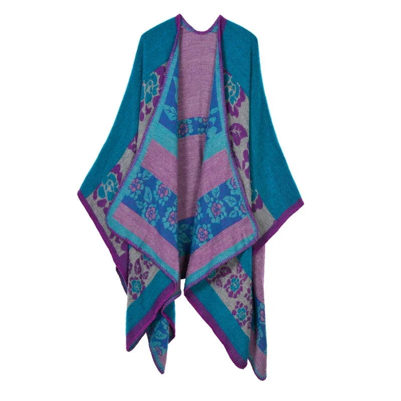 Winter Fashion Poncho Women Capes Scarf Imitation Cashmere Ladies Scarves Warm Shawls Wraps Woman Ponchos Bufanda Mujer Foulard One Size 2Flowers-cyan-blue