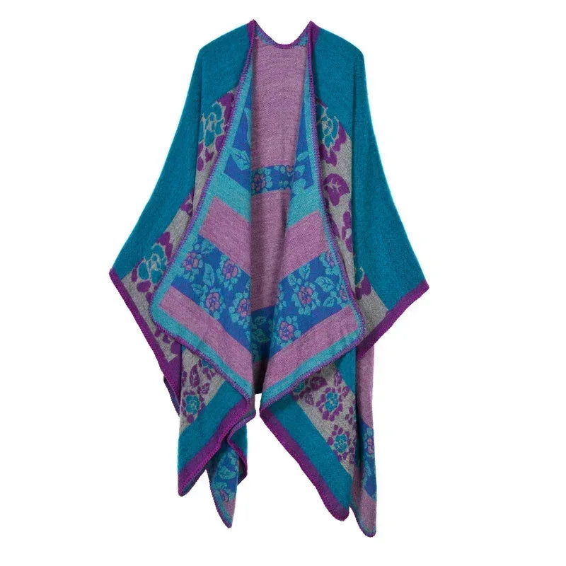 Women's Winter Poncho Wrap - Imitation Cashmere Shawl Cape & Scarf (130 x 150 cm) for Ultimate Warmth and Style One Size 2Flowers-cyan-blue