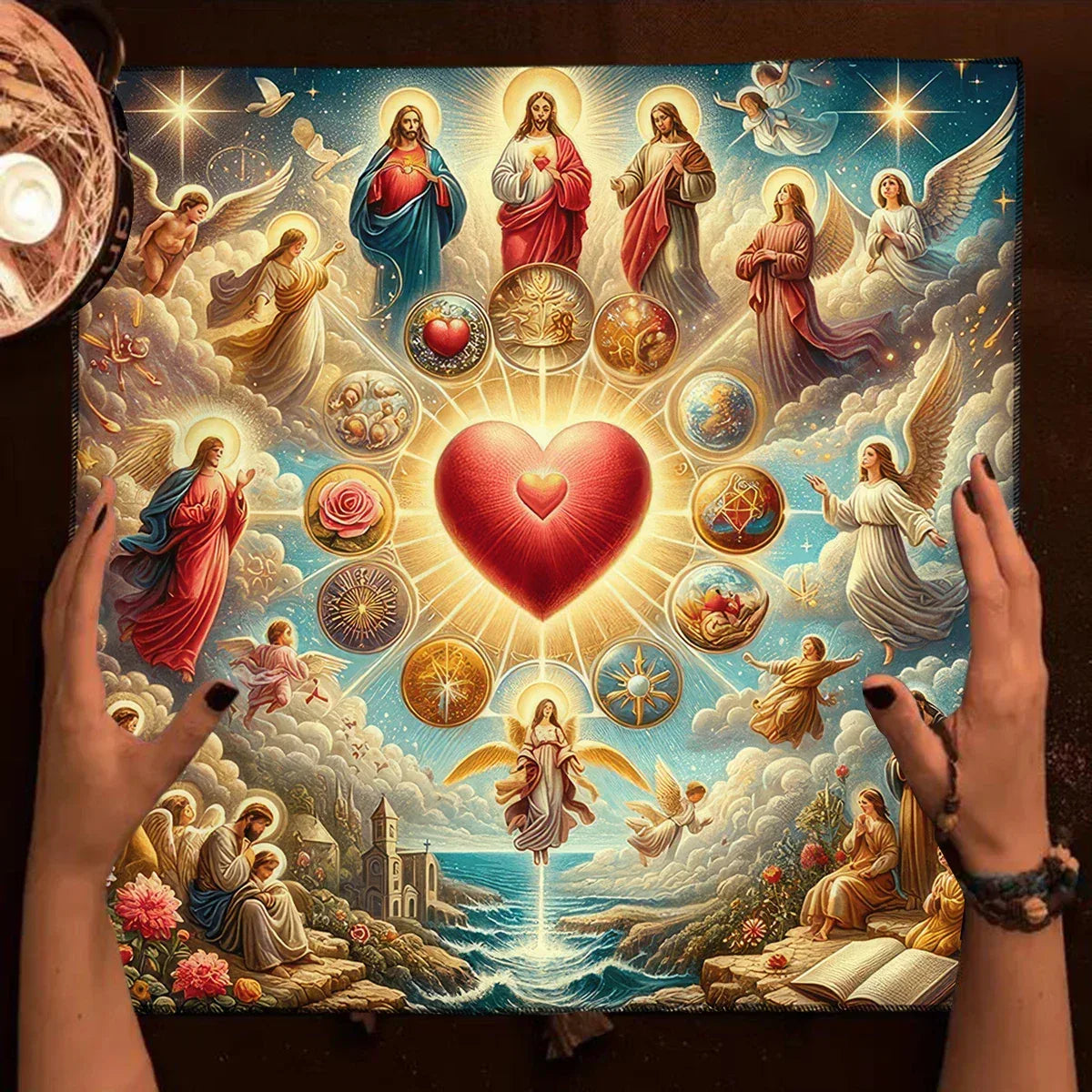 🔮 Sacred Heart & Celestial Symbols Tarot Tablecloth – Mystical Astrology Altar Cloth for Tarot Readings, Divination & Meditation