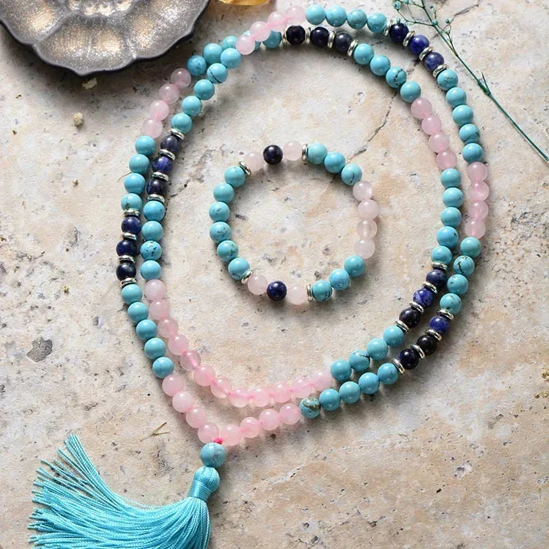 🐯 Retro Ethnic Tiger Eye & Turquoise 108 Bead Necklace: Healing Protection Mala with Lobster Clasp – Boho Statement Jewelry for Men & Women Turquoise 108Set