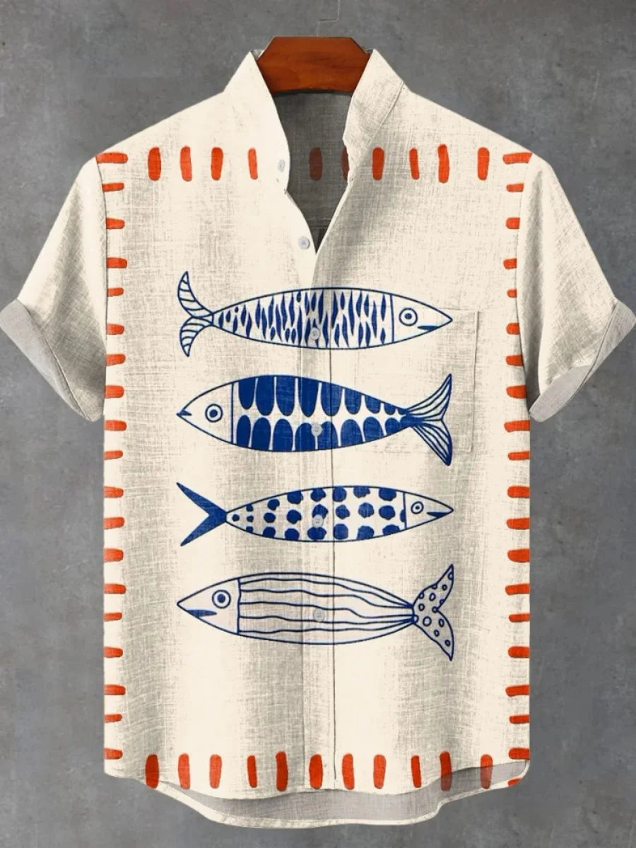 🌊 The Retro-Angler Heritage Shirt: Premium Men’s Vintage Fish-Print Casual Top – High-Definition Digital Print, Breathable Organic Cotton-Linen Blend, and Sophisticated Button-Down Short-Sleeve Silhouette SFQQQD784
