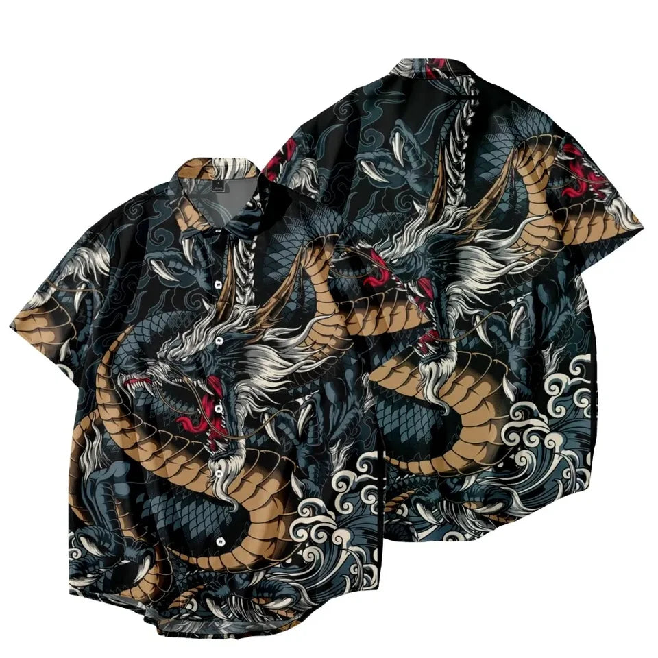 🐉 The Draconian Legacy: Premium Men’s Y2K Vintage Dragon Print Hawaiian Shirt – High-Definition Oriental Dragon Graphic, Ultra-Breathable Performance Fabric, and Sophisticated Urban Social Wear Short-Sleeve Button-Down (S-5XL)