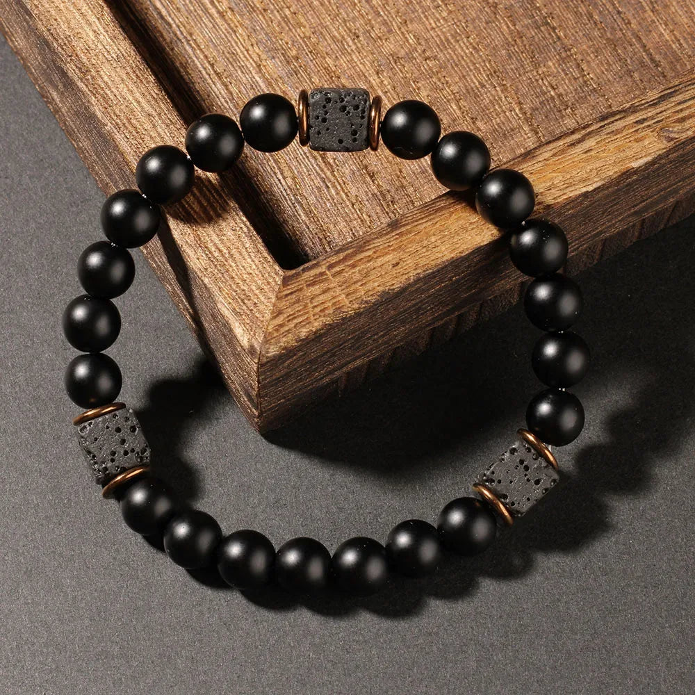 ✨ Creative Square Volcanic Stone and Round Men's Bracelet – Elegant Autumn Black Jewelry – Perfect Brother’s Christmas Gift & Daily Pulsera Hombre