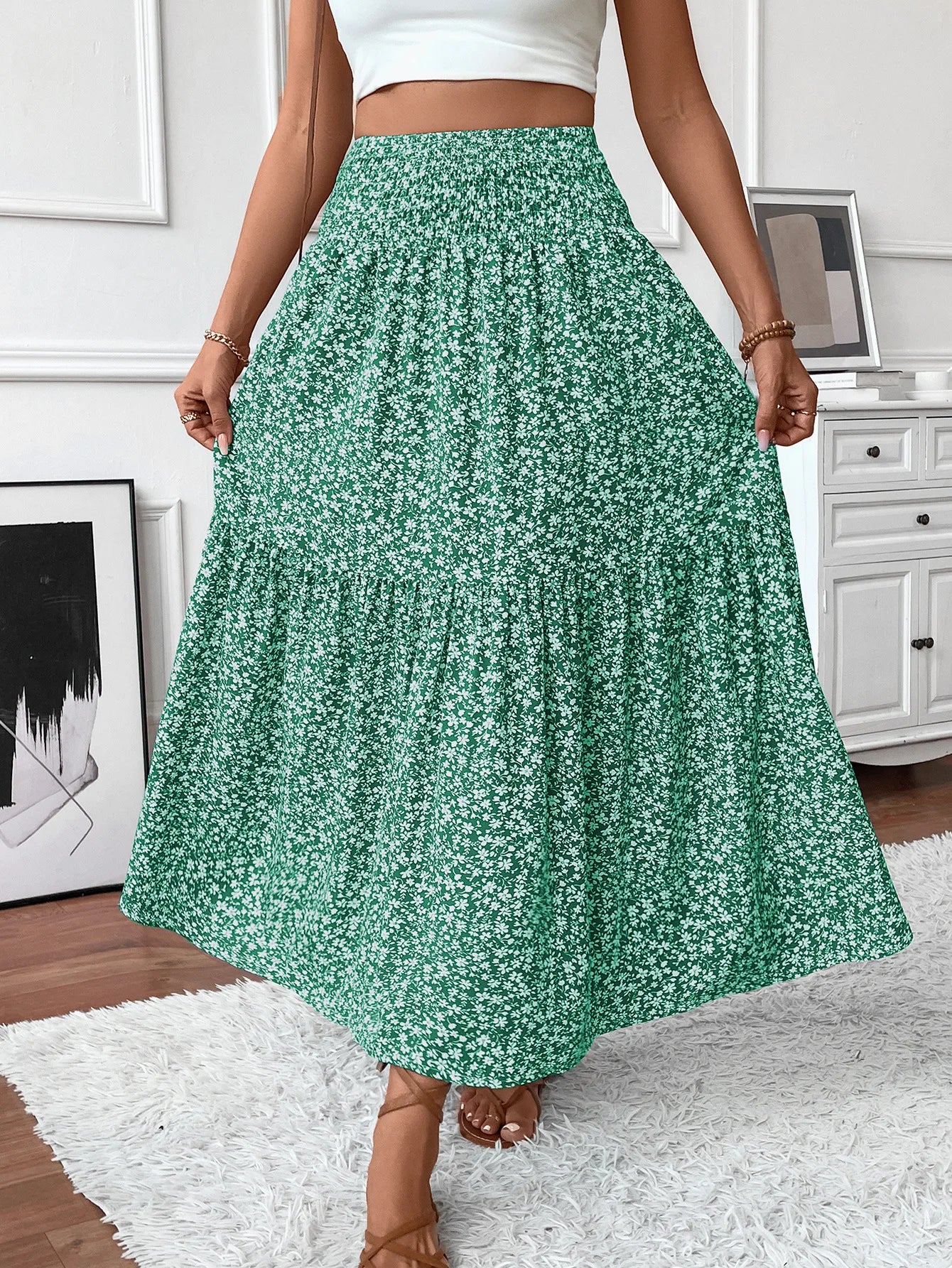 🌟 Women New Classic Printed Skirt Retro High Waist Long Skirt Casual Stylish Loose Beach Skirt Elegant Ladies Floral Pleated Skirt﻿