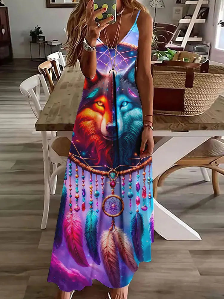 2024 New 3D Owl Vintage Print Dress for Women – Sleeveless Long Tribal Pattern Spaghetti Strap Summer Vest Dress BDQLTH24874551