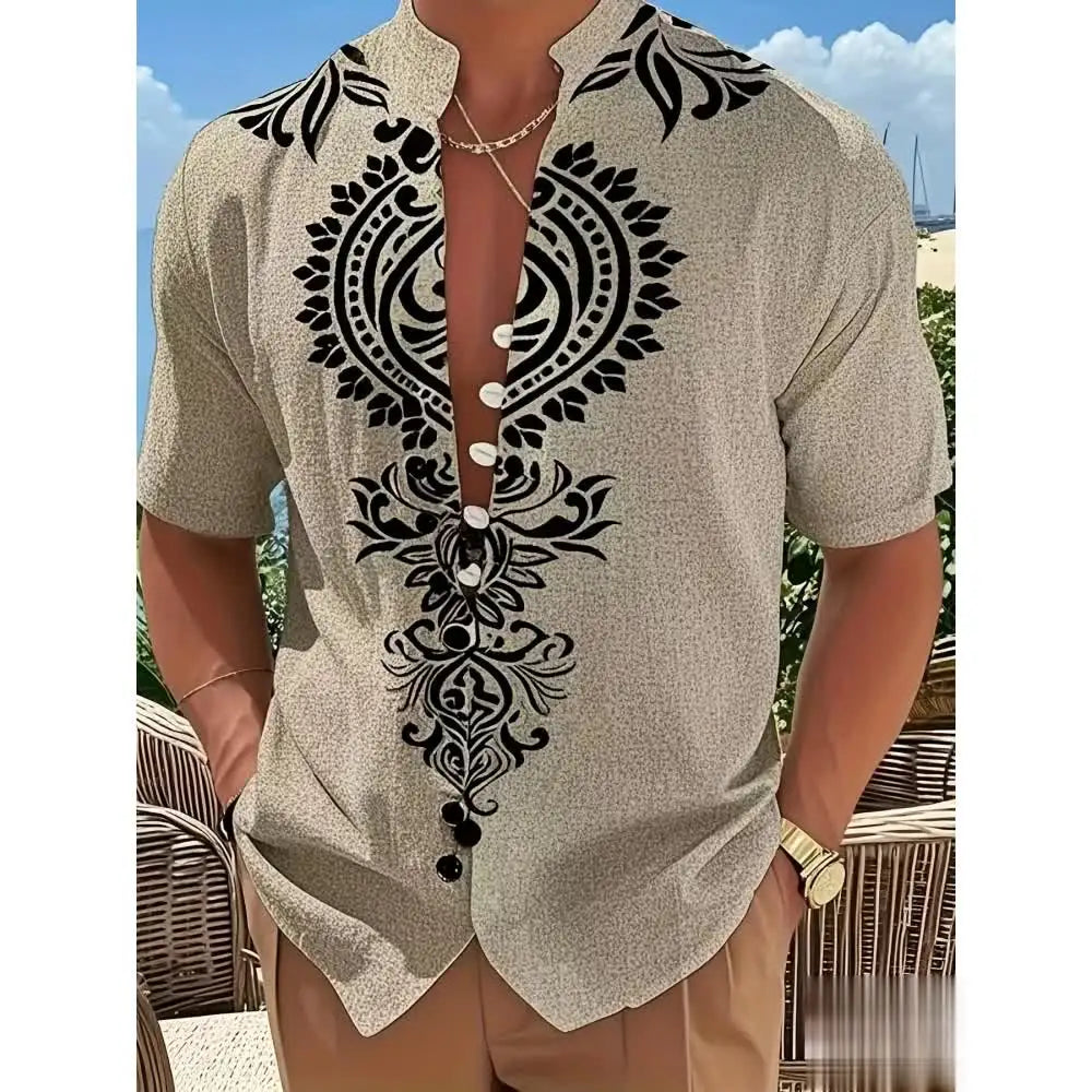 🗿 The Ethnic Totem Edition: Premium Men’s Modern-Retro Linen Shirt – High-Definition Tribal Totem Graphic Print, Breathable Organic Cotton-Linen Blend, and Sophisticated Urban-Casual Short-Sleeve bkcs4