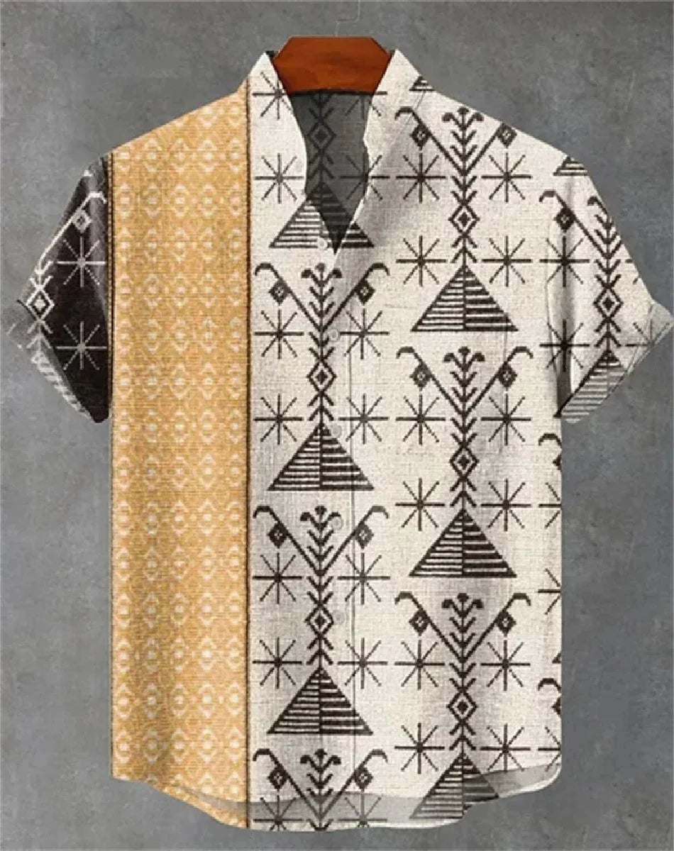 🌍 The Ethnic Heritage Edition: Premium Men’s Retro Linen Shirt – High-Definition Tribal Graphic Print, Breathable Organic Cotton-Linen Blend, and Sophisticated Modern-Fit Holiday Streetwear bkcs12