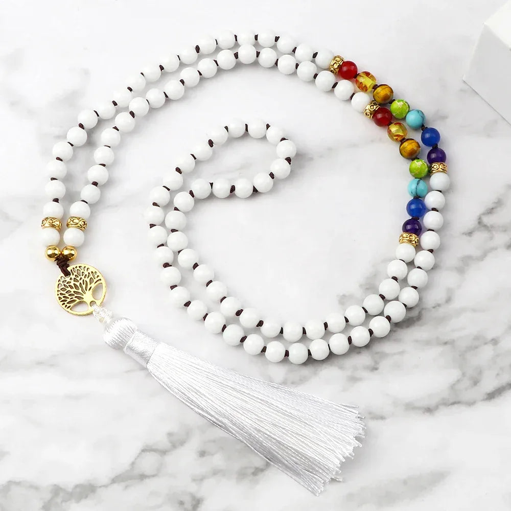 🐯 Tiger Eye & Black Onyx 108 Mala Necklace with Tree of Life Pendant – 7 Chakra Healing Crystal Beads & Protection Rosary Jewelry for Men & Women Bright White