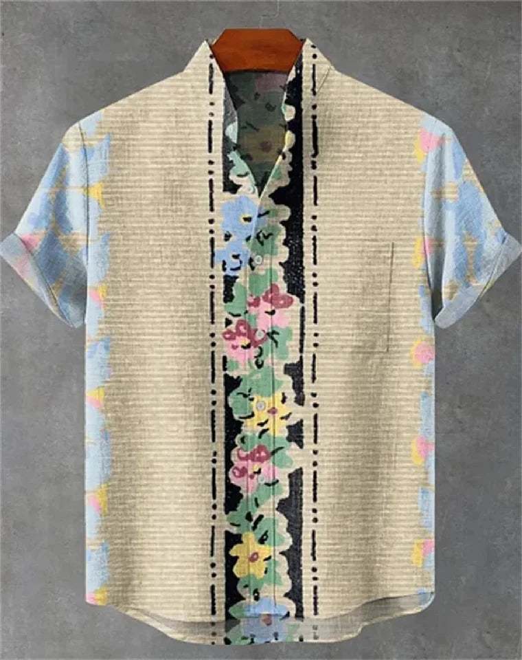 🌍 The Ethnic Heritage Edition: Premium Men’s Retro Linen Shirt – High-Definition Tribal Graphic Print, Breathable Organic Cotton-Linen Blend, and Sophisticated Modern-Fit Holiday Streetwear