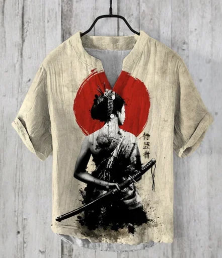 The Bamboo-Zen Anime Edition Premium Unisex Bamboo-Linen V-Neck Shirt - High-Definition Anime Feline Character Print Ultra-Breathable Eco-Fiber Blend Spring Summer Casual Button-Down Apparel MULTI
