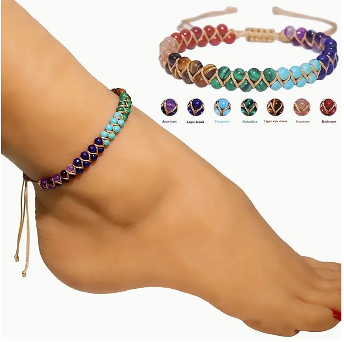 ✨ 7 Chakras Double-Layer Woven Adjustable Ankle Chain with Natural Tiger’s Eye and Colorful Beads – Boho Chic Foot Ornament for Women