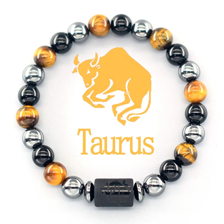✨ 12 Zodiac Sign Bracelet Homme – Natural Yellow Tiger Eye Stone & Hematite Constellation Bangle – Cancer, Taurus, Libra Astrology Bracelet for Women 5 Taurus 8 mm Beads