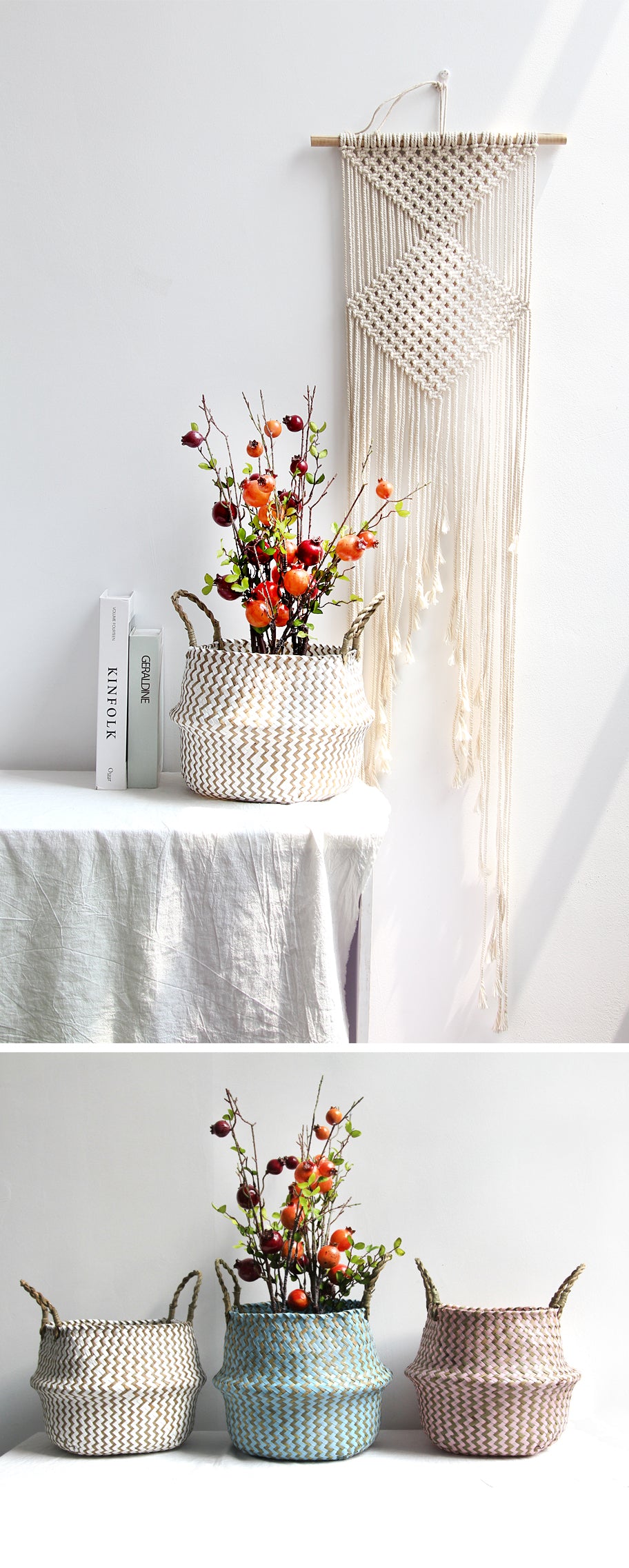 Handmade Boho Striped Wicker Storage Baskets – Collapsible Laundry & Garden Flower Pot Baskets with Patchwork Design