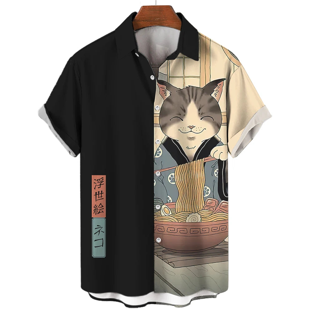 🐱⚔️The Samurai Neko Edition Premium Unisex 3D Printed Japanese Samurai Cat Shirt - High-Definition Bushido Feline Graphic Quick-Dry Hawaiian Beach Shirt, Breathable Urban-Streetwear Short-Sleeve Casual Apparel