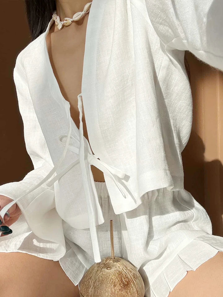 👗 Bronladies Luxe Lace-Up Summer Ensemble: Breathable Flounce Shorts & Long Sleeve Relaxed Fashion Set