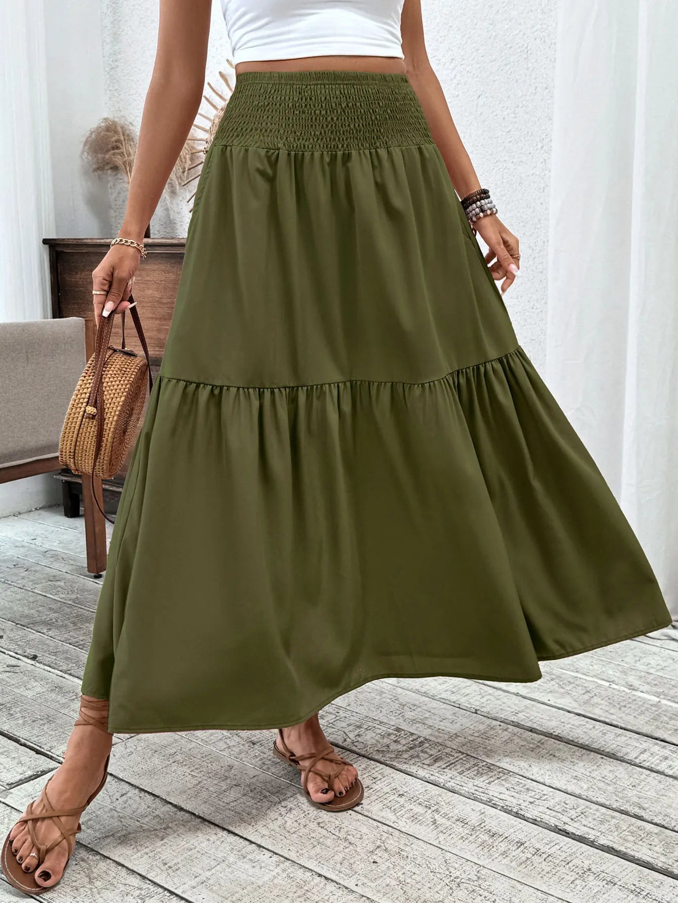Women Floral Pleated Skirt – Retro High Waist Long Skirt for Stylish Casual Beach Wear army green