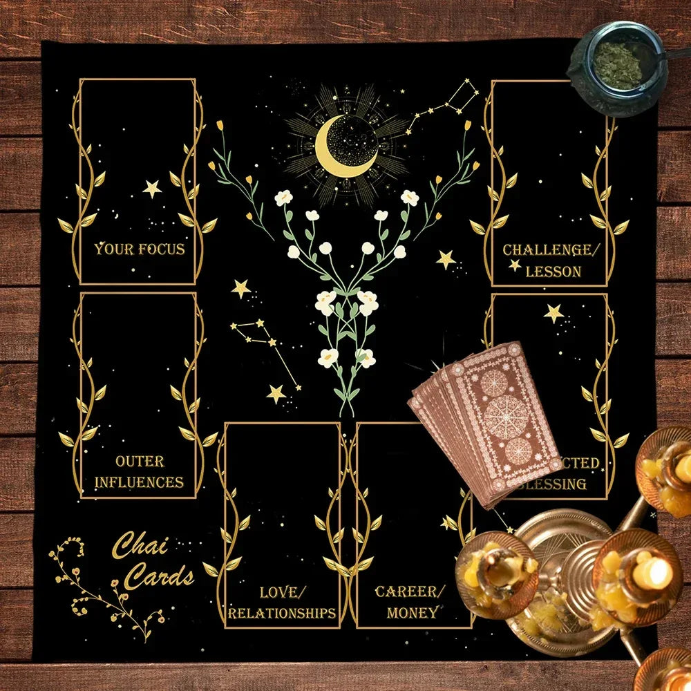 🔮Golden Celtic Cross Tarot Tablecloth – Elegant Polyester Altar Cloth Featuring Iconic Celtic Cross, Moon, Stars, and Floral Motifs HDS-2508241020