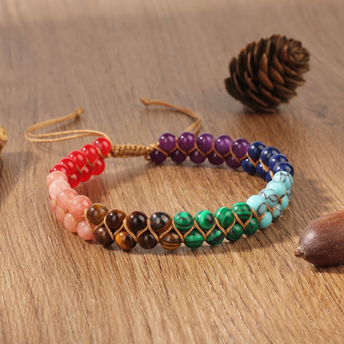 ✨ 7 Chakras Double-Layer Woven Adjustable Ankle Chain with Natural Tiger’s Eye and Colorful Beads – Boho Chic Foot Ornament for Women