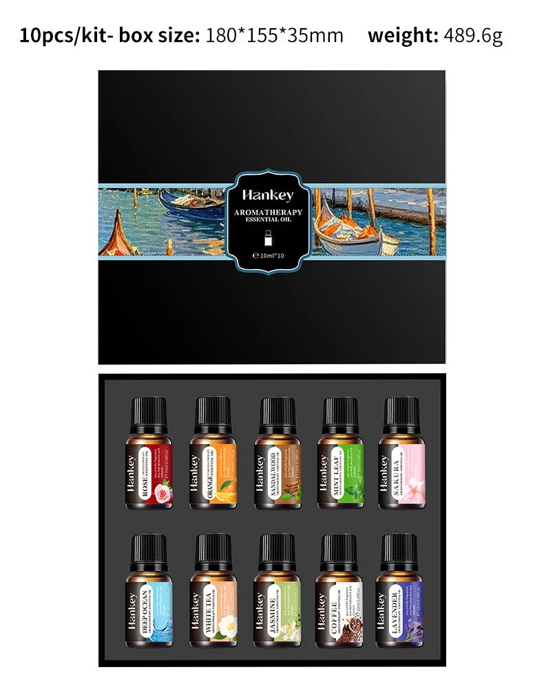 🌿 10ml Essential Oil Aromatherapy Gift Box – Water-Soluble Natural Oils for Diffuser and Humidifier with Lavender, Rose, Eucalyptus, White Peach, and Oolong﻿