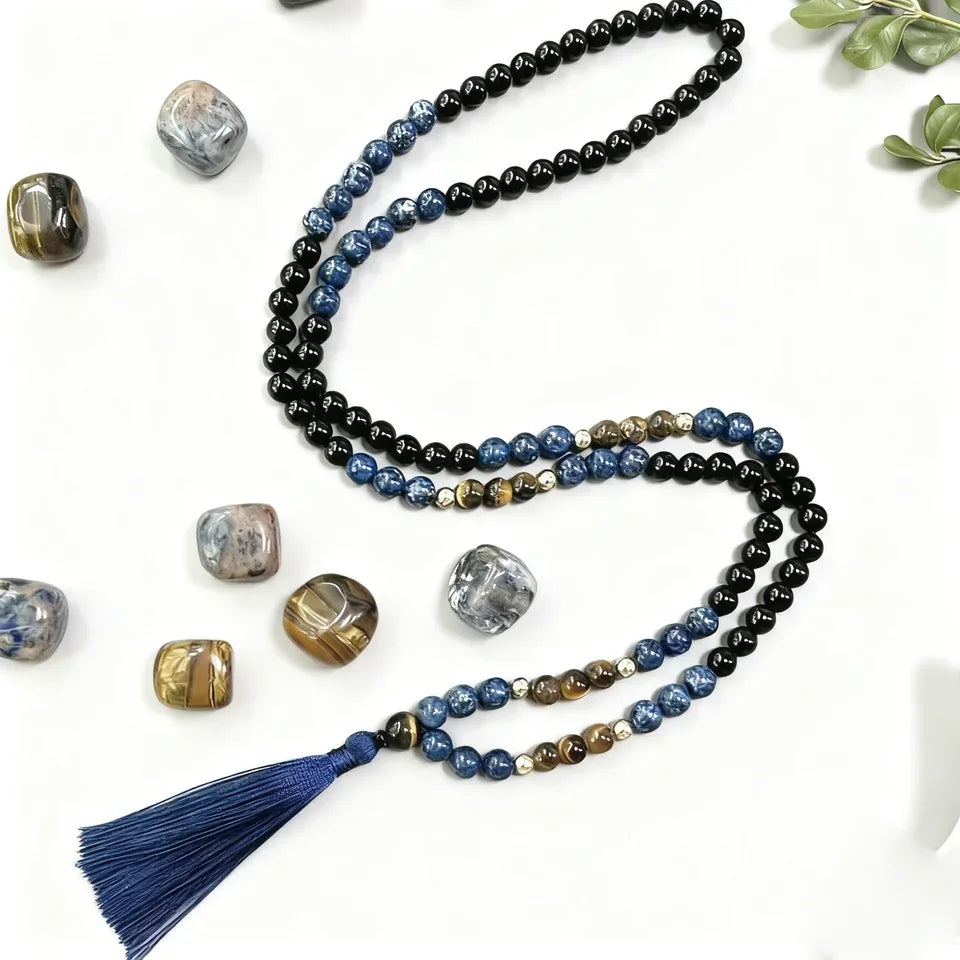 📿 The Warrior's Mala: 8mm Tiger Eye & Black Onyx 108 Bead Meditation Rosary