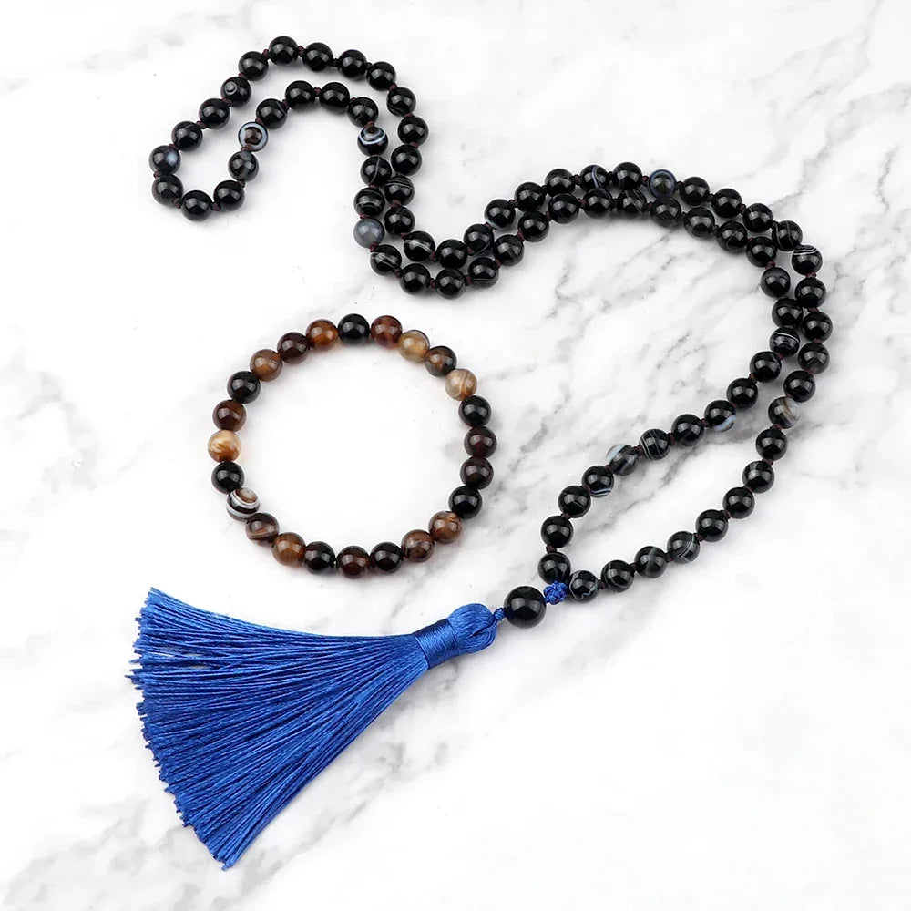 🐯 Natural Tiger Eye Stone Jewelry Set (Necklace & Bracelet): Healing Tassel Pendant & Sweater Chain – Confidence, Wealth & Protection Crystal for Women Black Striped