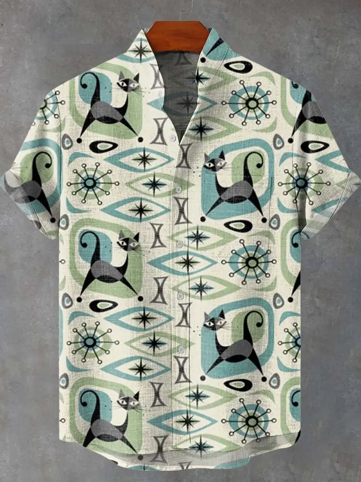 🎨 The Vintage Feline Art Edition: Premium Men’s Summer Shirt – High-Definition Floral & Cat Graphic Print, Breathable Quick-Dry Fabric, and Sophisticated Retro-Style Casual Button-Down