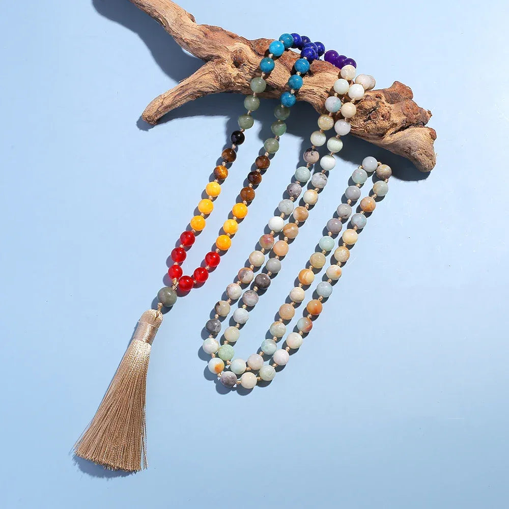 🌊 108 Bead Amazonite Mala Necklace: 8mm Knotted Prayer Beads with 7 Chakra Stones – "Stone of Hope" for Calming, Throat Chakra & Meditation