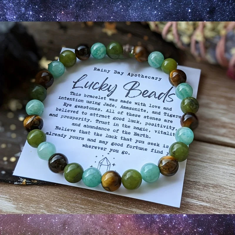 ✨ Lucky Beads Bracelet – Jadeite, Tiger Eye & Amazonite – 6mm Crystal Jewelry for Good Luck and Prosperity – Gift for Women