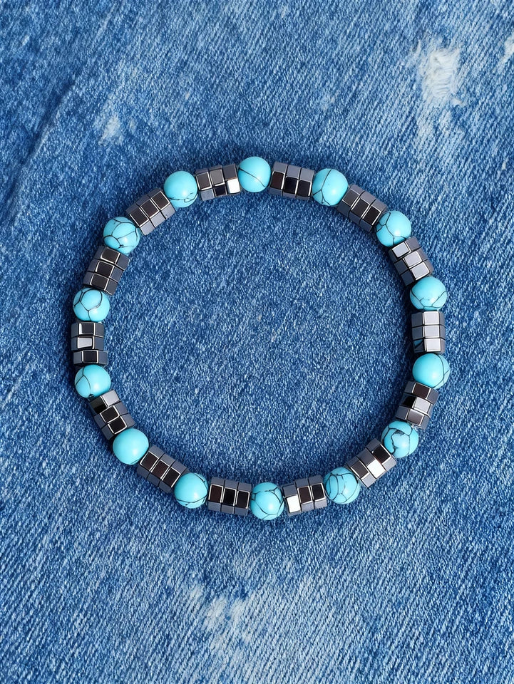 ✨ Hematite & Turquoise Bracelet – Geometric Irregular Natural Stone Beads – Strength, Confidence & Vigour Crystal Jewelry