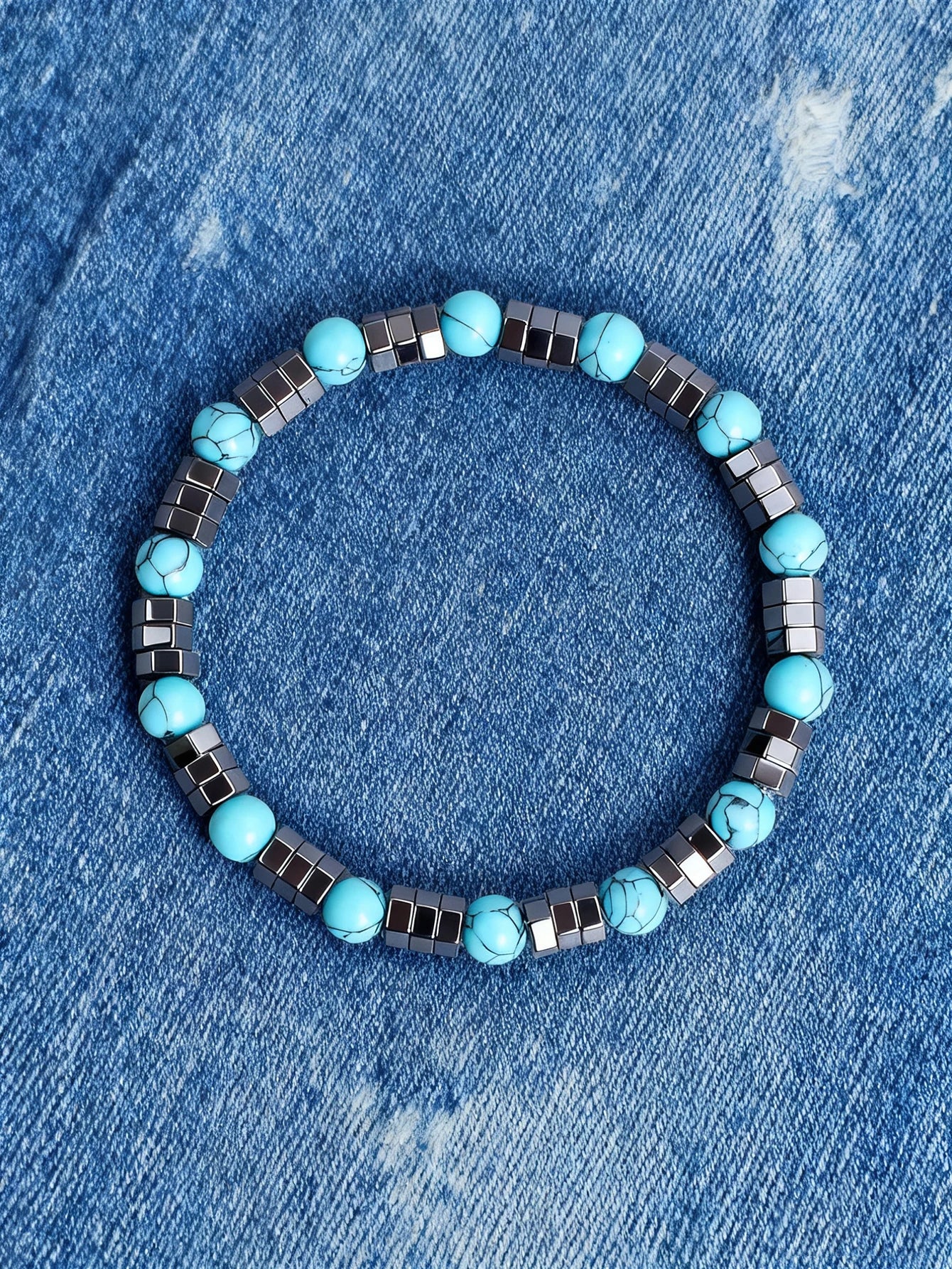 ✨ Hematite & Turquoise Bracelet – Geometric Irregular Natural Stone Beads – Strength, Confidence & Vigour Crystal Jewelry
