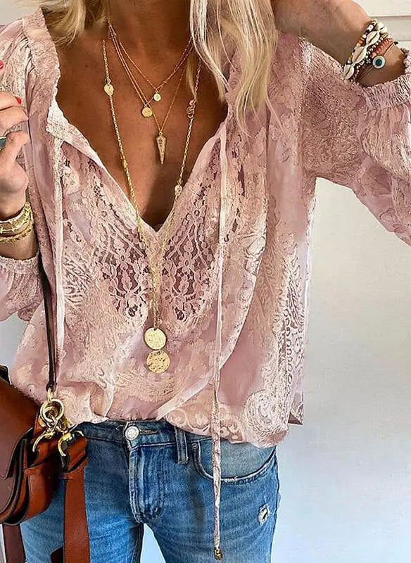 🛍️ 2025 Women’s Boho Lace Hollow Out Deep V Neck Pullover Blouse – Elegant Casual Tops for Spring & Summer